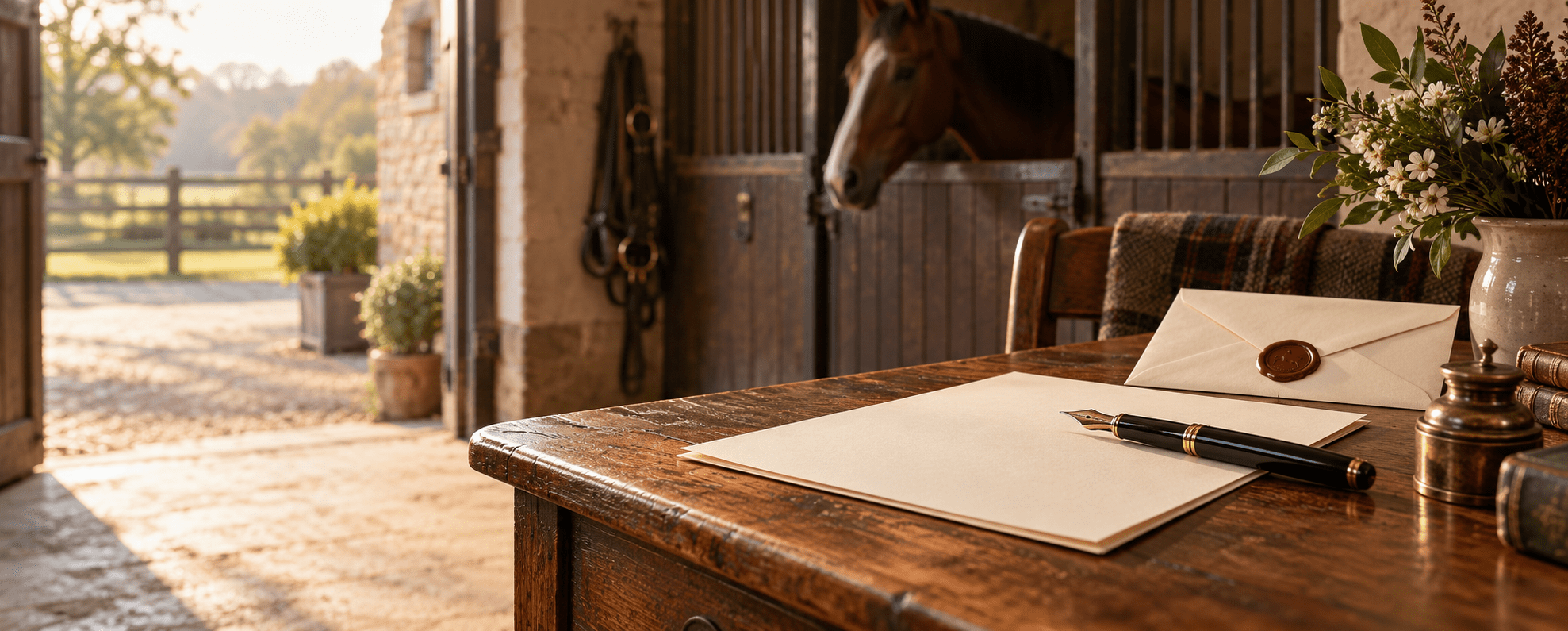 A Will, fountain pen and envelope with a horse in a stable beyond